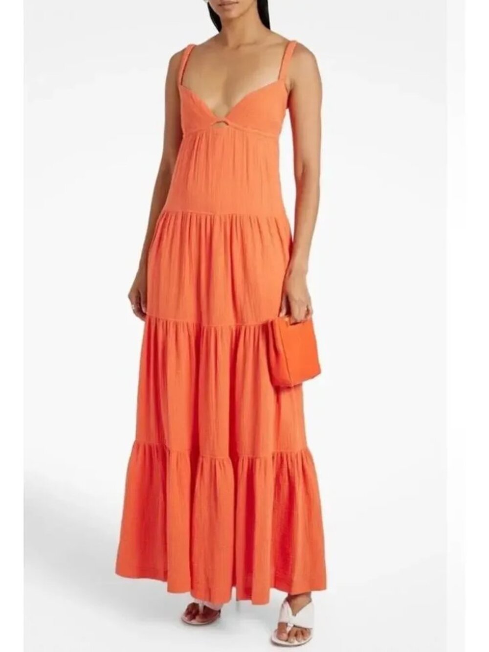Jonathan SIMKHAI Mirabelle Cotton Gauze Maxi Dress Chili Orange Flowy Sundress M